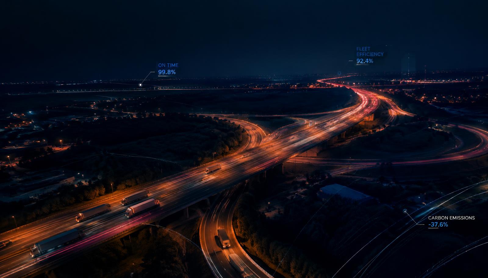 Rodovia à noite com caminhões e rastros de luz